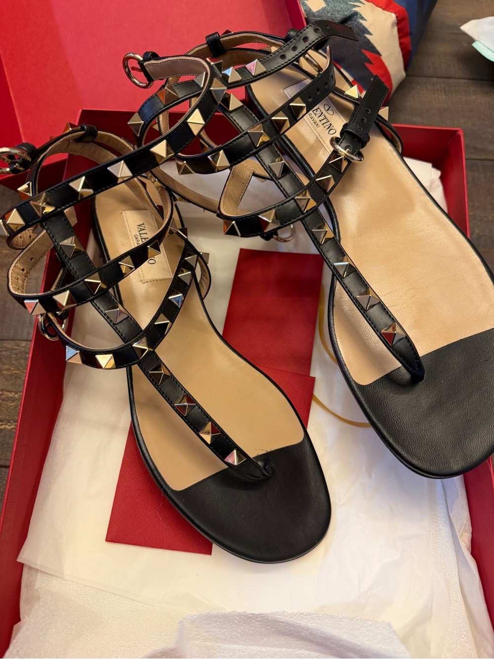 Valentino Garavani Black Leather Rockstud T-Strap Sandals